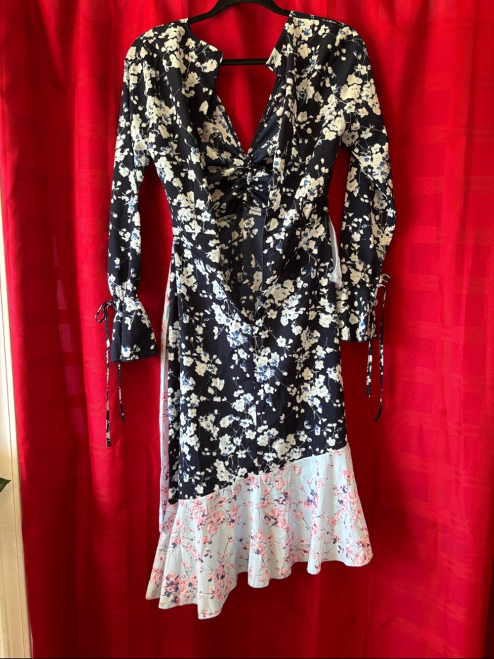 Missguided Black Floral Wrap Midi Dress with Light Blue Ruffle Hem